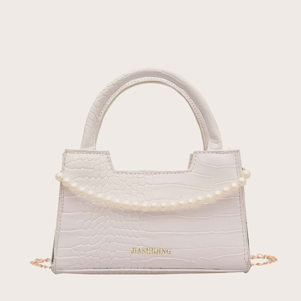 

Faux Pearl Decor Croc Embossed Satchel Bag, White