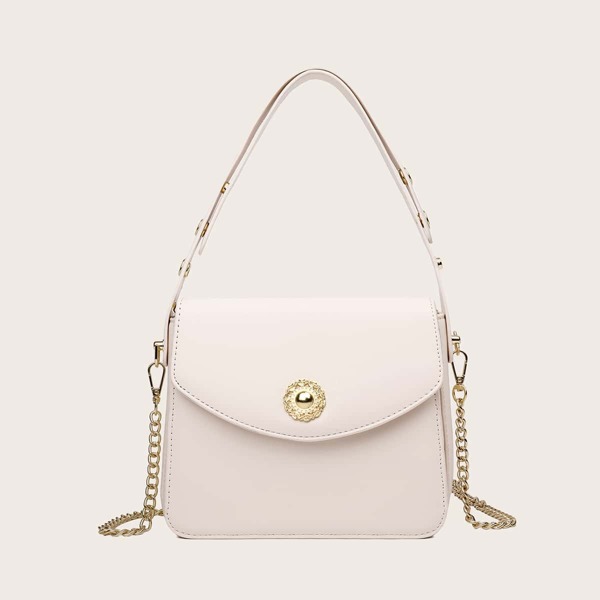 

Metal Detail Flap Shoulder Bag, Beige