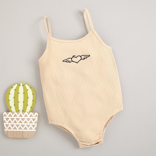 

Baby Girl Heart Embroidery Cami Bodysuit, Beige