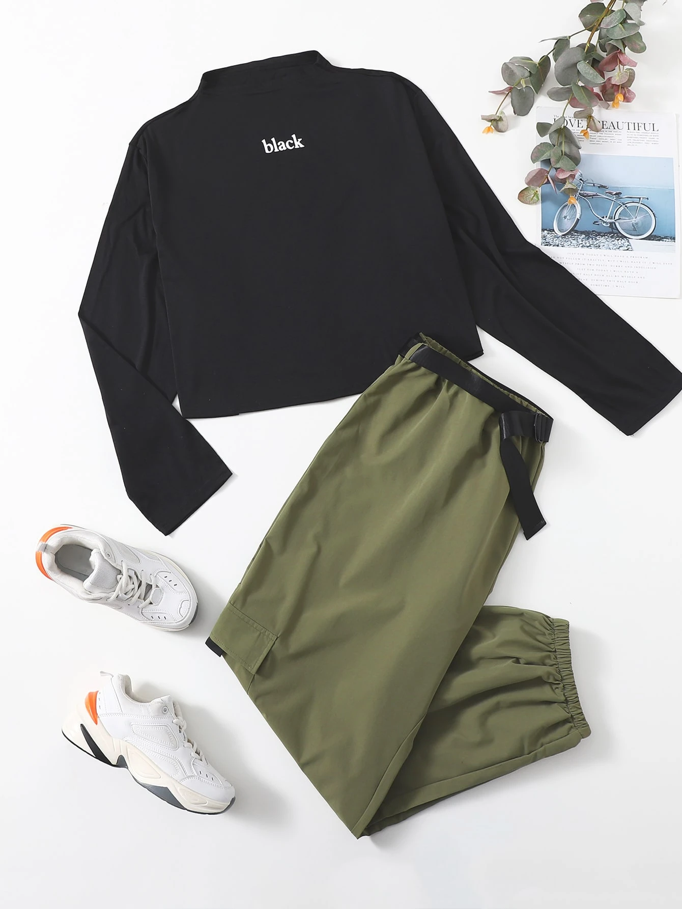 mock neck tops with belted cargo pants