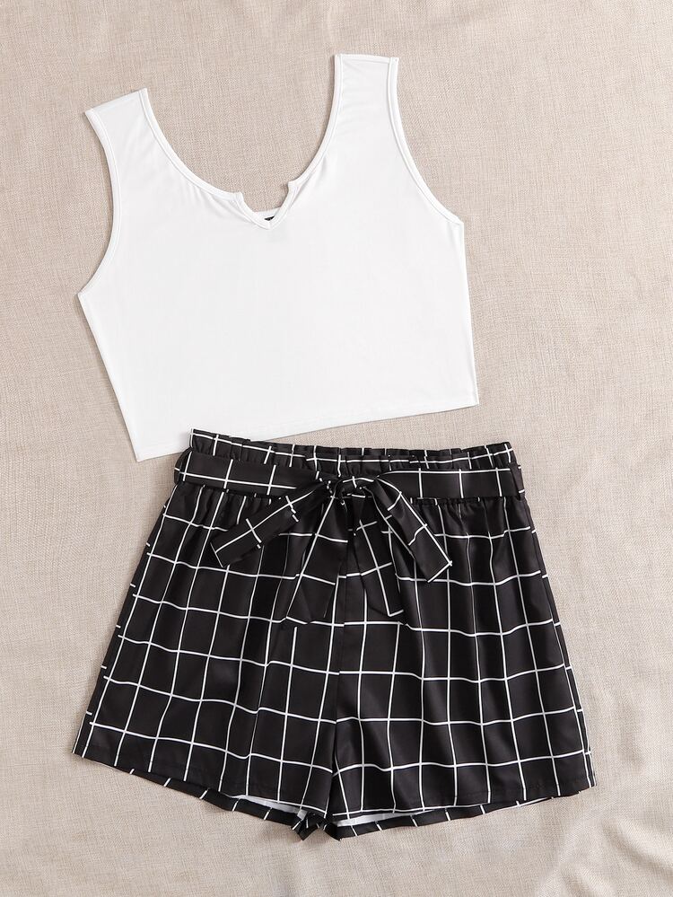 Conjuntos Talla Grande Cinta A cuadros Casual - Blanco y Negro - Añade 4