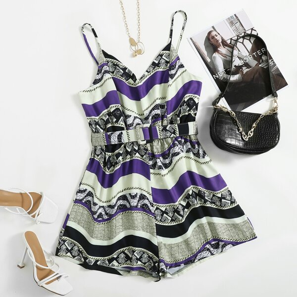 

Plus Rope & Graphic Print Belted Cami Romper, Multicolor