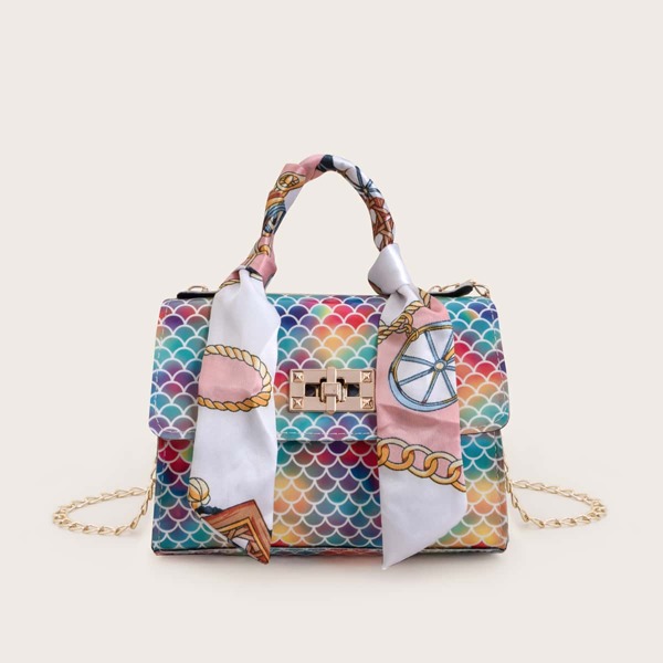 

Twilly Scarf Decor Flap Chain Bag, Multicolor