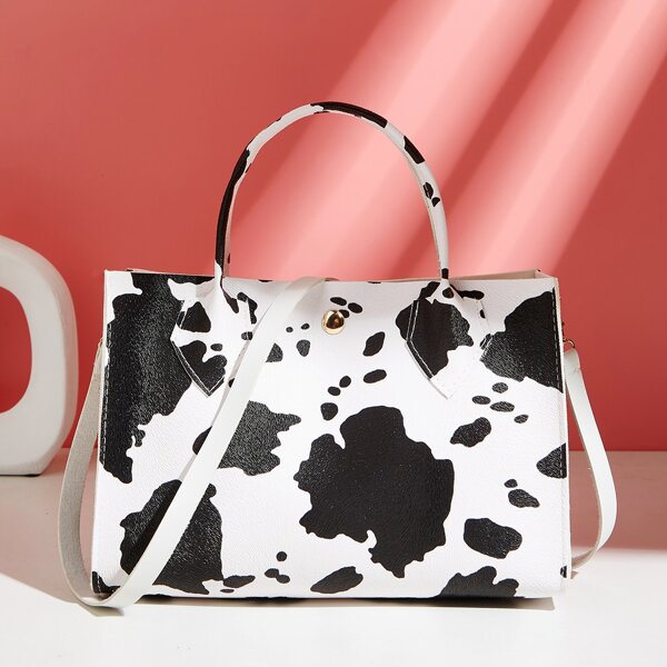 

Cow Pattern Satchel Bag, Black and white