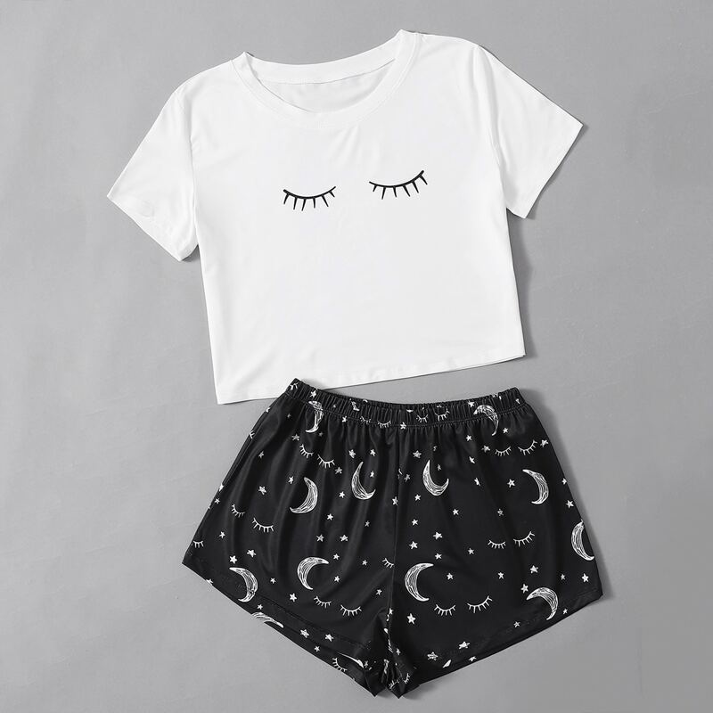 

Moon Print Pajama Set, Black and white