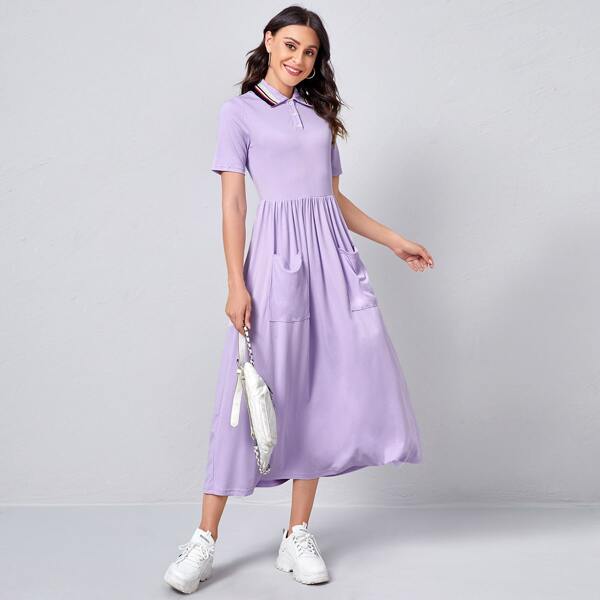 

Striped Trim Collar Buttoned Half Placket Pocket Front Dress, Lilac purple