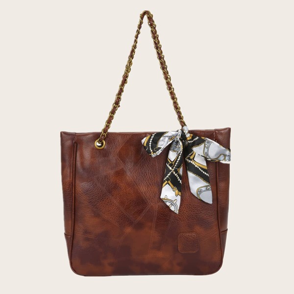 

Twilly Scarf Decor Shoulder Tote Bag, Brown