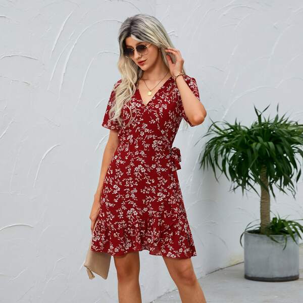 

Allover Floral Print Tie Side Wrap Dress, Burgundy