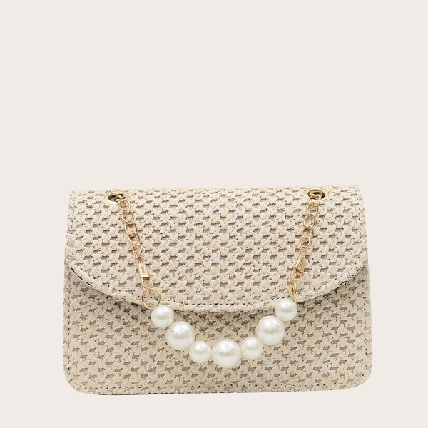 

Faux Pearl Decor Woven Chain Bag, Beige
