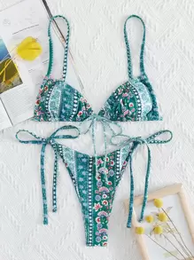 Swim Mod Summer Beach Paisley & Ditsy Floral Tie Side Bikini - Green - View 1