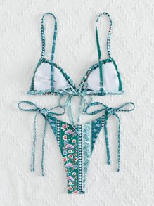 Swim Mod Summer Beach Paisley & Ditsy Floral Tie Side Bikini - Green - View 2