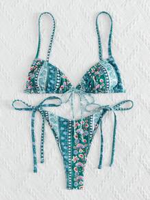 Swim Mod Summer Beach Paisley & Ditsy Floral Tie Side Bikini - Green - View 3