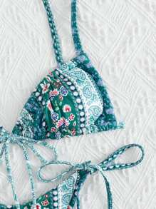 Swim Mod Summer Beach Paisley & Ditsy Floral Tie Side Bikini - Green - View 5