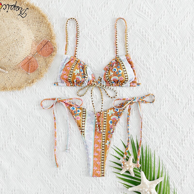 

Paisley & Ditsy Floral Tie Side Bikini Swimsuit, Multicolor