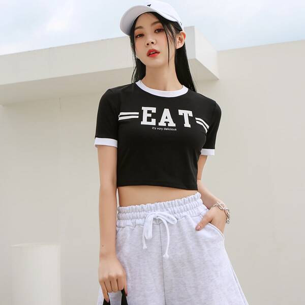 

Letter Graphic Crop Ringer Tee, Black