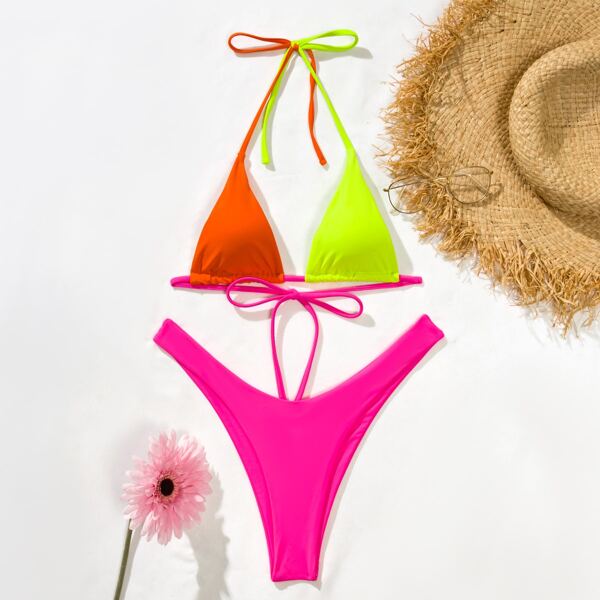 

Color Block Triangle Bikini Swimsuit, Multicolor