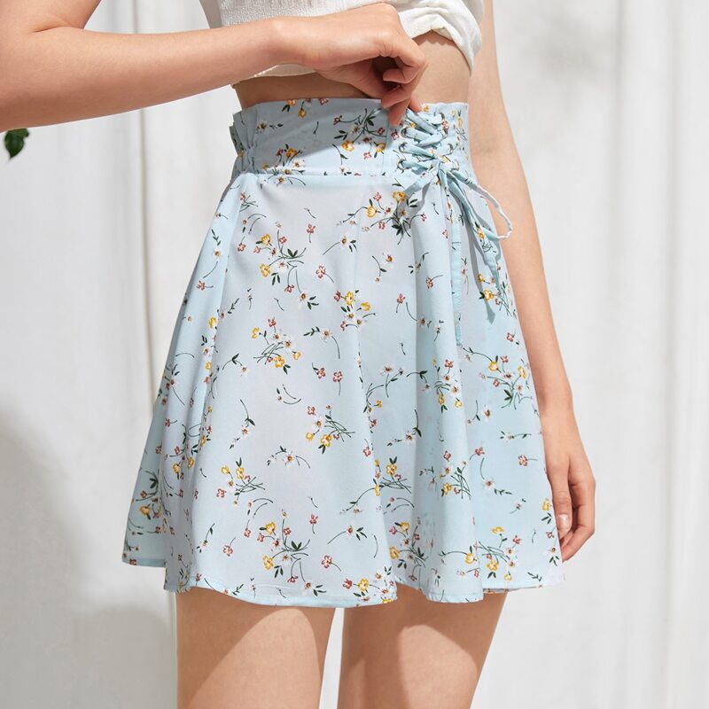 

Ditsy Floral Lace Up Skirt, Baby blue