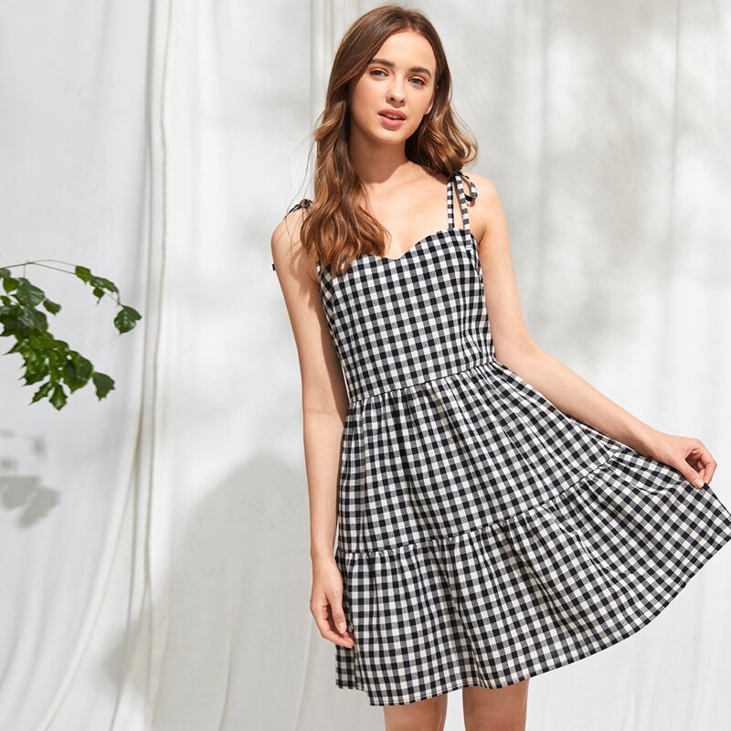 

Gingham Tie Shoulder Dress, Black and white