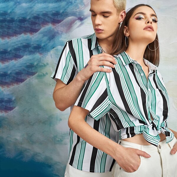 

1pc Striped Print Button Front Shirt, Multicolor