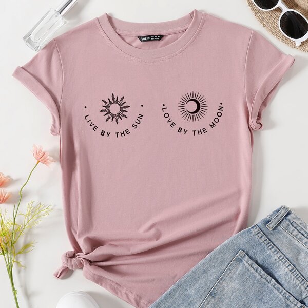 

Slogan Graphic Short Sleeve Tee, Pink