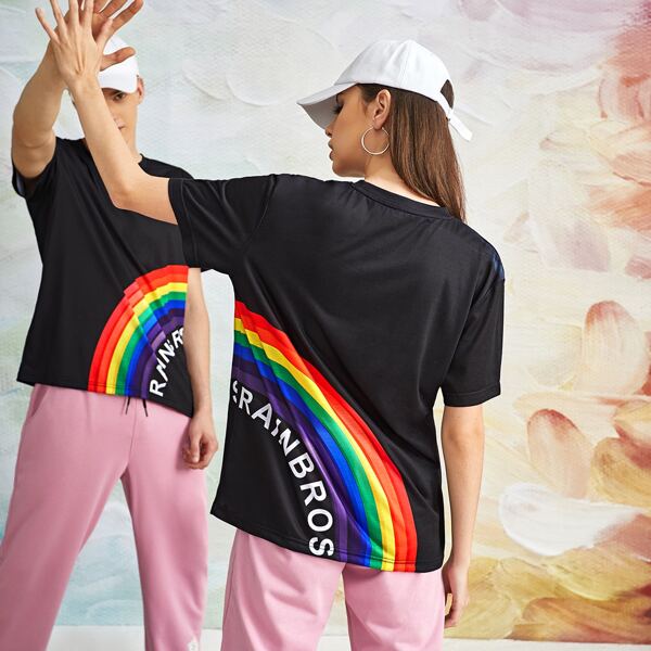 

Мужской 1шт Футболка LGBT в радужную полоску буква, Чёрный