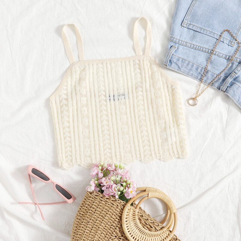 

Scallop Trim Solid Knit Top, Beige