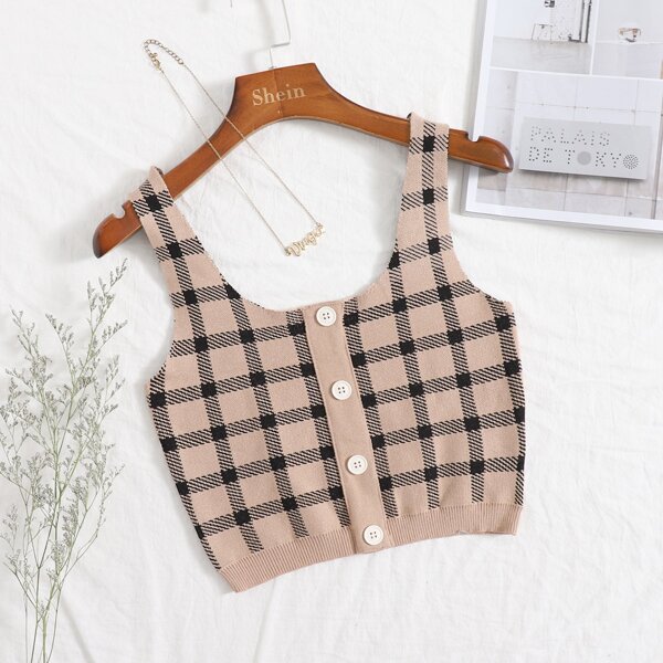 

Button Front Plaid Knit Top, Apricot