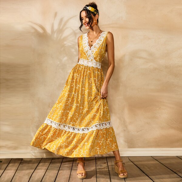 

Ditsy Floral Lace Insert Dress, Yellow