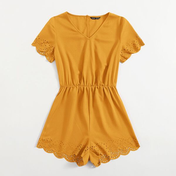 

V-Neck Laser Cut Trim Romper, Mustard yellow