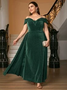 Plus Glitter Foldover Bardot Formal Dress With Transparent Strap - Dark Green - View 1