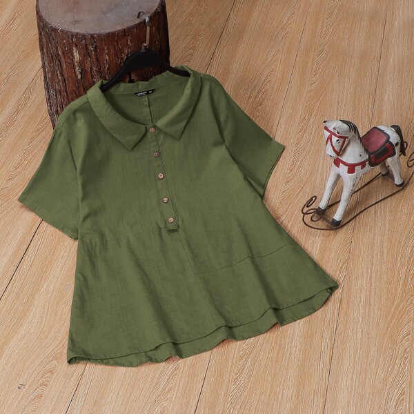 

Plus Button Half Solid Blouse, Army green