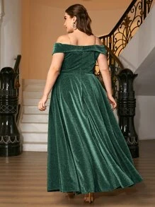 Plus Glitter Foldover Bardot Formal Dress With Transparent Strap - Dark Green - View 2