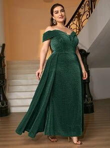 Plus Glitter Foldover Bardot Formal Dress With Transparent Strap - Dark Green - View 3
