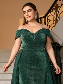 Plus Glitter Foldover Bardot Formal Dress With Transparent Strap - Dark Green - View 5