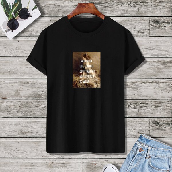 

Men Slogan And Figure Graphic Tee, Black