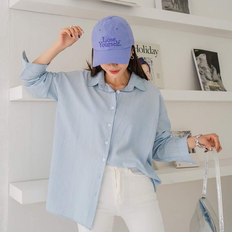 

1pc Drop Shoulder Button Up Blouse, Dusty blue