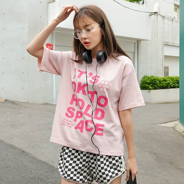 

Slogan Graphic Drop Shoulder Tee, Baby pink