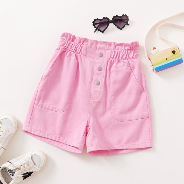 

Girls Button Front Paperbag Waist Denim Shorts, Pink