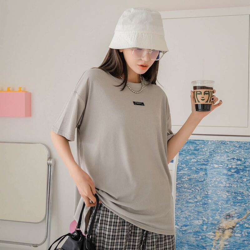 

Letter Patched Drop Shoulder Tee, Grey