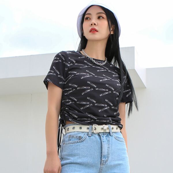 

Allover Letter Graphic Drawstring Side Tee, Black