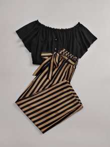 SHEIN Unity Bộ thời trang Thắt lưng Sọc Giải trí - Nhiều màu - Xem 6