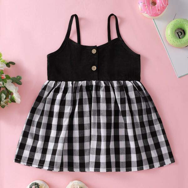

Baby Girl Contrast Gingham Cami Dress, Black and white