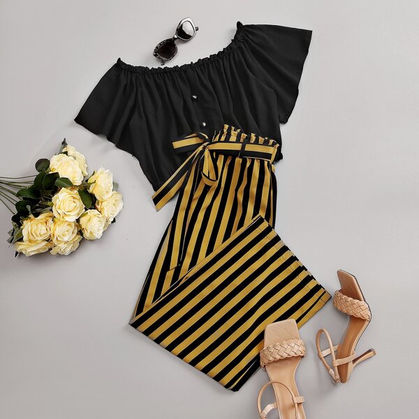 

Frill Trim Top & Striped Paperbag Waist Belted Pants Set, Multicolor