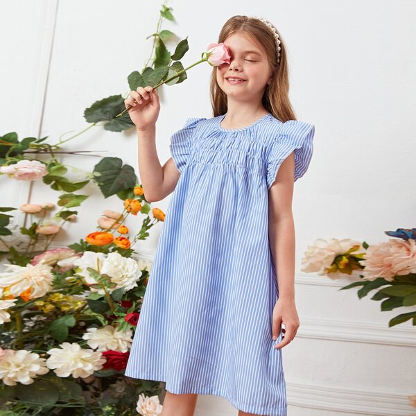 

Girls Striped Print Butterfly Sleeve Tunic Dress, Blue and white