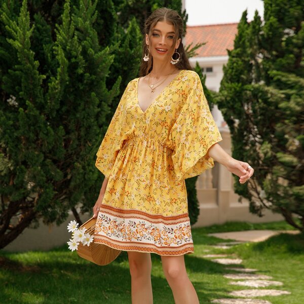 

Floral Plunging Neck A-line Dress, Yellow