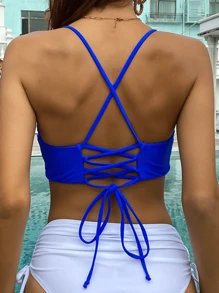 Lace-up Back Bikini Top - Royal Blue - View 2