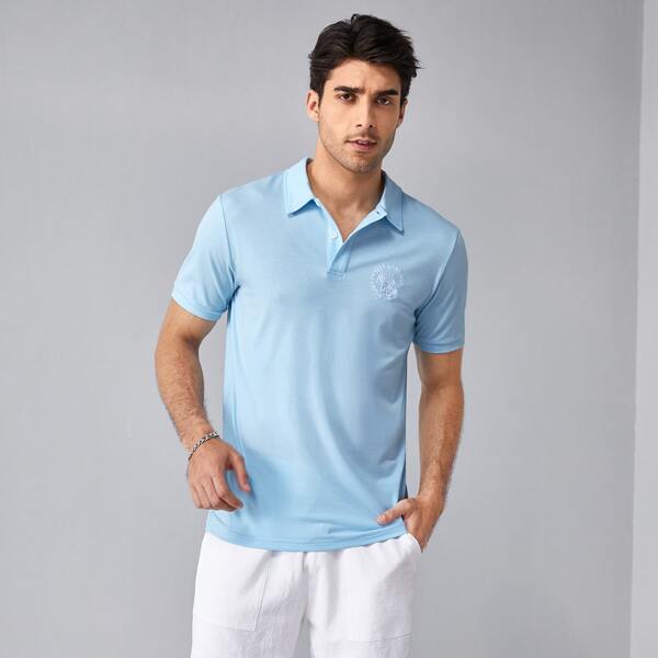 

Men Slogan Embroidered Polo Shirt, Baby blue