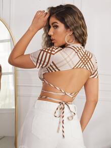 Plaid Print Tie Back Crop Tee - Multicolor - View 1