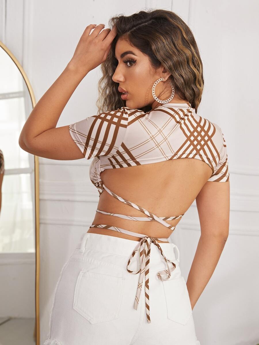 Plaid Print Tie Back Crop Tee - Multicolor - View 1