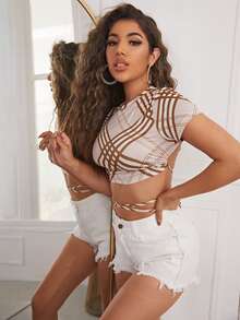 Plaid Print Tie Back Crop Tee - Multicolor - View 2